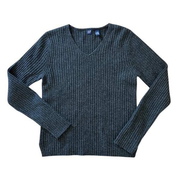 GAP Sweaters - GAP Womens VTG Charcoal Gray Wool Ribbed V-Neck Sweater Sz L Capsule Minimalist
